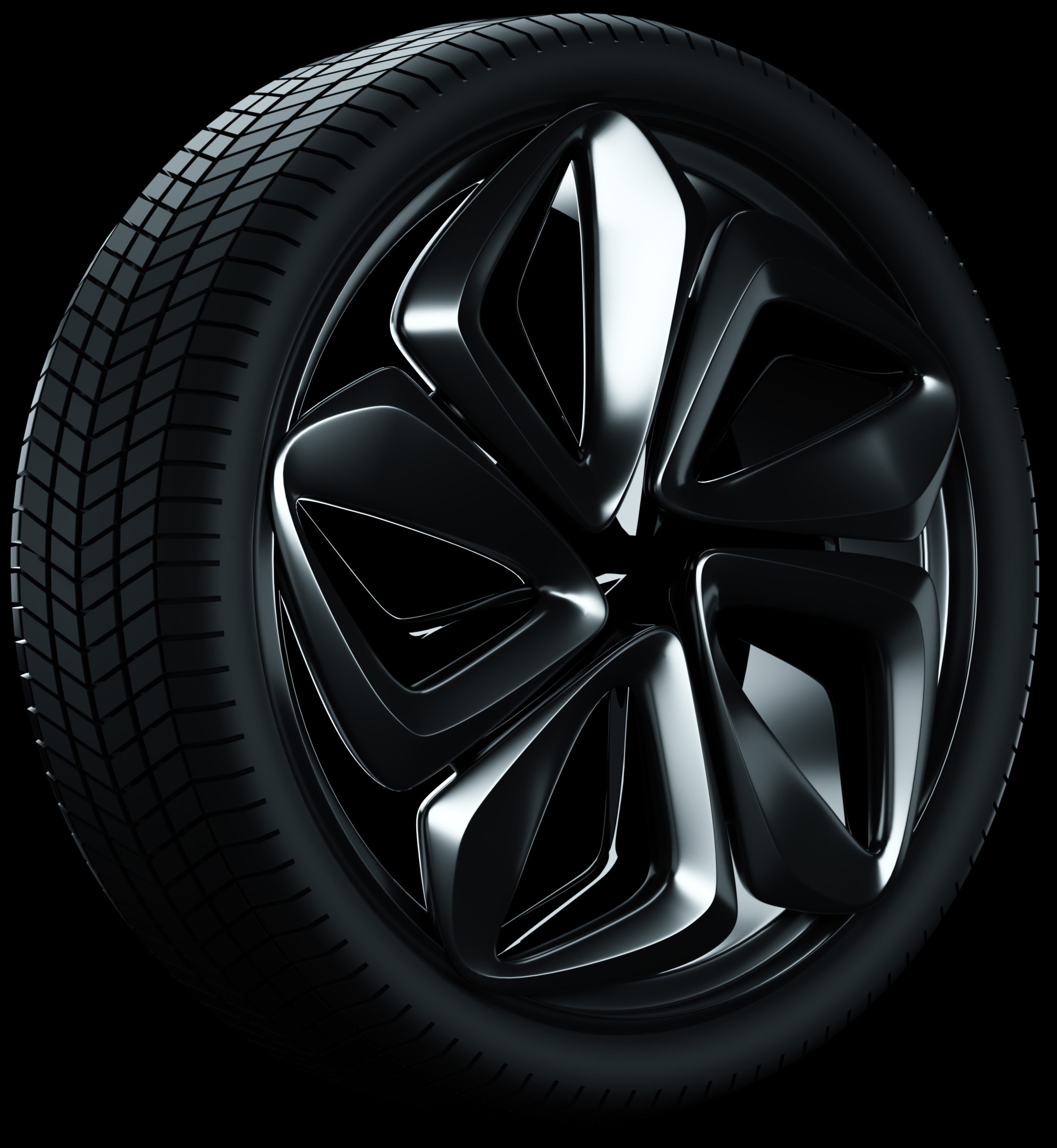 3D model of a Car wheel, a disc of a metallic color, a car wheel on a black background. Tire service, car service, repair, purchase, car loan. 3D illustration, 3D render.